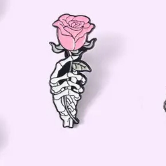 SKELETON hand holding rose metal pin brooche badge - Picture 3 of 4